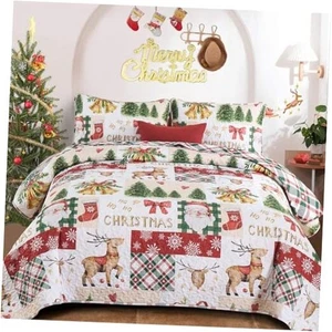  Christmas Quilt Set King Beige Patchwork Reindeer Santa Claus Rustic  - Picture 1 of 8