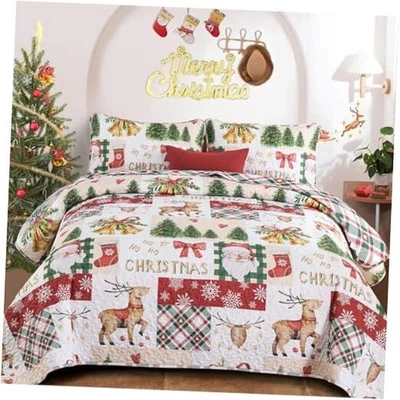  Christmas Quilt Set King Beige Patchwork Reindeer Santa Claus Rustic  - Image 1 of 4
