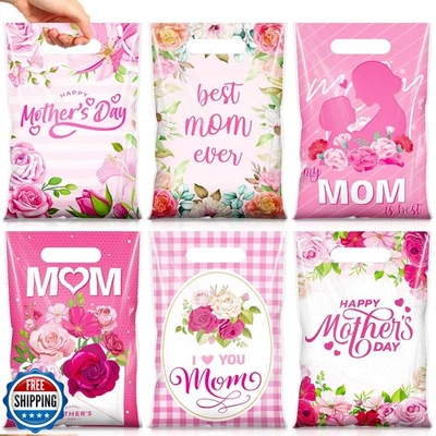 Teenyyou 60 Pcs Mother's Day Gift Bags with Handles Small Pink Flower Plastic - Image 1 of 4