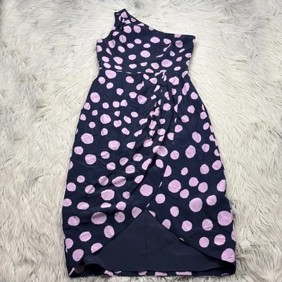 Vestido para mujer J.Crew 2 azul marino púrpura lunares seda un hombro Preppy Resort Foto 1 de 4