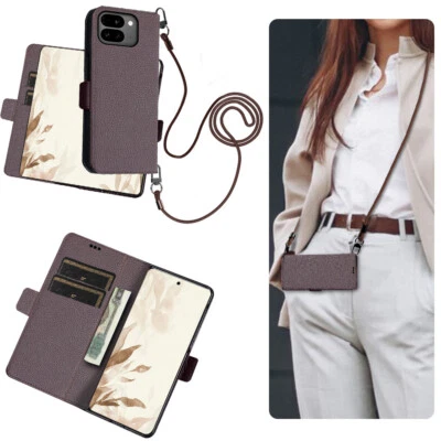 For Google Pixel Fold Magnetic Genuine Leather Crossbody Strap Wallet Case - Image 1 of 4