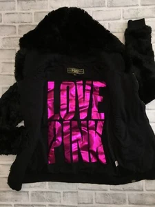 VICTORIA'S SECRET PINK FAUX FUR ZIP HOODIE FASHION SHOW XS JACKET BLACK LOVE - Picture 1 of 7