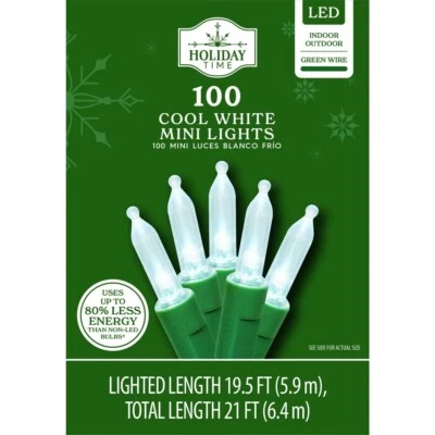 100 Count Cool White LED Mini Christmas Lights Green Wire 21 Ft Holiday Time - Image 1 of 4