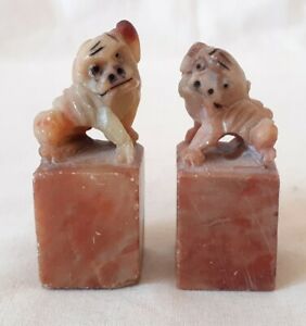 2× CARVED STONE FOO DOG MINIATURE SCULPTURES 2"