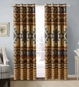 Set 2 Brown Beige Southwest Western Tribal Curtains Panels Drapes 84 in Grommet - Picture 1 of 7