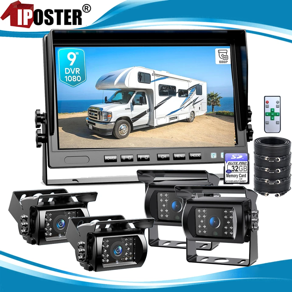 9" Quad Monitor DVR 4 ch Backup Camera for Truck Caravan Rear View No Blind spot - Image 1 of 4