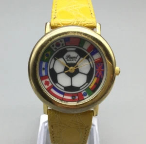 Vtg Pearl Soccer Flag Watch Women 35mm Gold Tone Leather Band New Battery - Picture 1 of 15