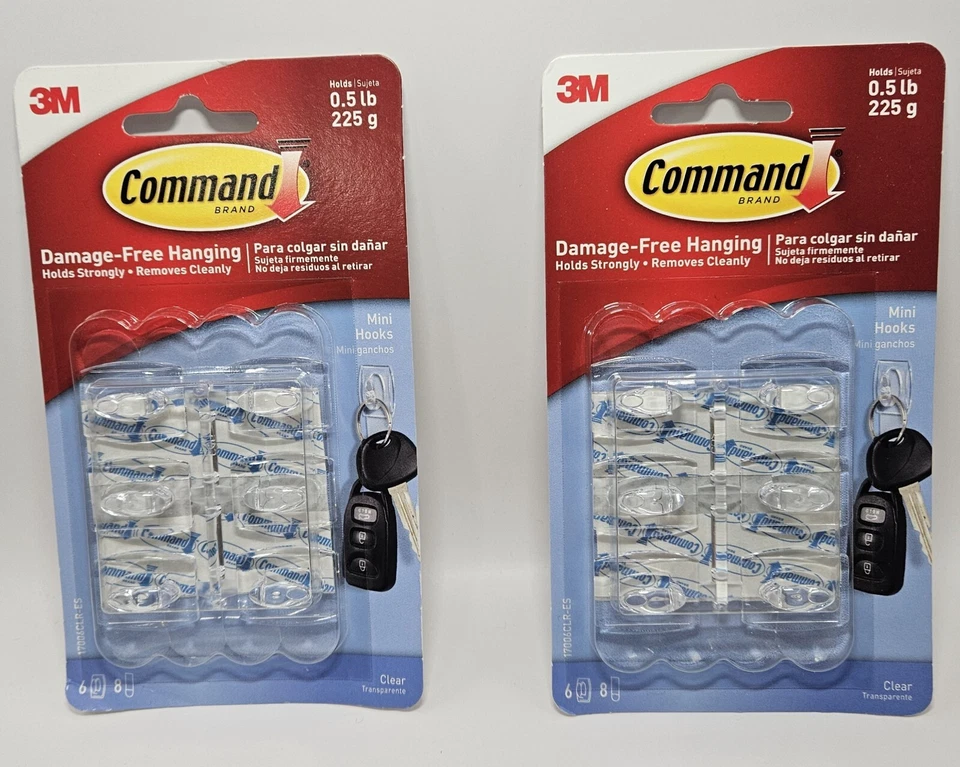 2 PACKS COMMAND DAMAGE FREE HANGING MINI HOOKS CLEAR 6 CLIPS/8 STRIPS EACH  - Image 1 of 2