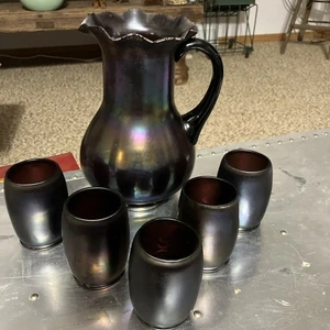 Vintage Karneval Glas Krug mit 5 Becher Fenton/Levay lila Amethyst Stretch - Bild 1 von 7