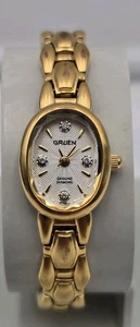 Vintage Gruen Diamond Quartz Watch Women Gold Tone Oval Dial New Battery - Picture 1 of 7