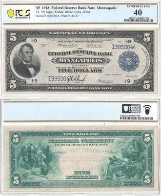1918 $5 Federal Reserve Bank Note Fr-799 PCGS XF-40 - Image 1 of 3