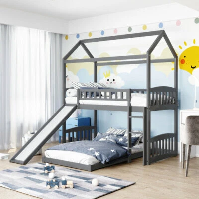 Twin Over Twin Bunk Bed with Slide Loft Bed Wood House Bed Platform Bed Frames - Image 1 of 4