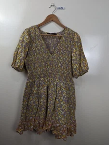 Sportsgirl Purple Yellow Flower V-neck Short Sleeve Elastic Ruched Bodice 16 - Picture 1 of 8