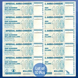 10 X ZIMBABWE 100 Billion Dollars Special Agro Cheque Banknote, 2008 Circulated - Picture 1 of 2