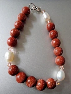 7" 8mm Goldstone & 3mm Crystals & White FW Pearl Beaded Sterling Silver Bracelet - Picture 1 of 3