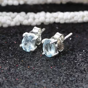 Handgemacht 925 Silber Ohrringe Blauer Topas 5X7MM Ovale Ohrstecker für Timeless - Bild 1 von 3