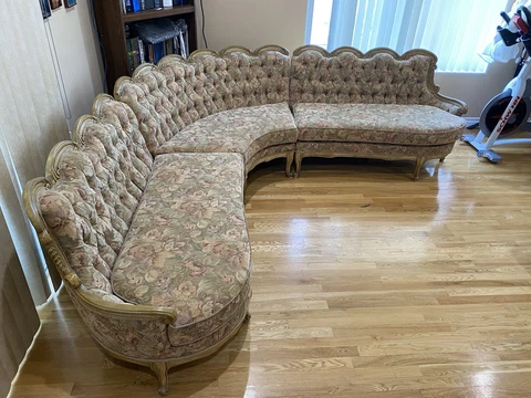 Vintage Victorian 3x Piece Sofa Couch Swoop Tufted Tapestry Carved Ornate Cover