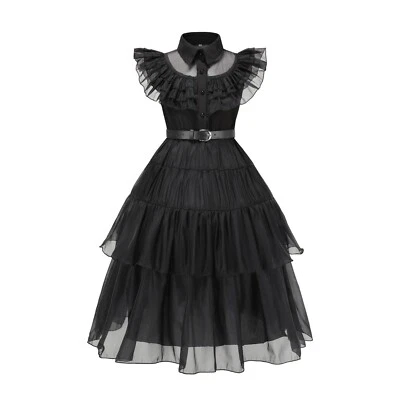 2025 Halloween Girl BLACK DRESS Wednesday Party Costume Fancy Dress 110-160 - Image 1 of 4