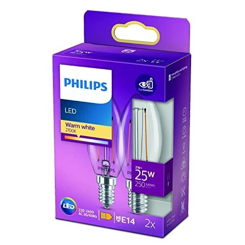 Philips LED Lampadina LED Candela Filamento, 2 Pezzi, Equivalente a 25W, (d5s) - Immagine 1 di 1