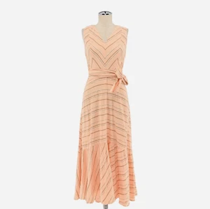 CALVIN KLEIN Dress Sz 2 Orange Linen Cotton Striped Belted Maxi V Neck Vacation - Picture 1 of 11