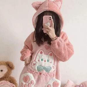 Neko Cat Pink Hooded One Piece Pajama | Women Sleep Robe Night Gown Pajama #157 - Picture 1 of 9