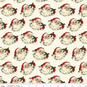 RETRO VINTAGE OLD FASHIONED CHRISTMAS RILEY BLAKE SANTA CLAUS ON CREAM FABRIC HY - Picture 1 of 1
