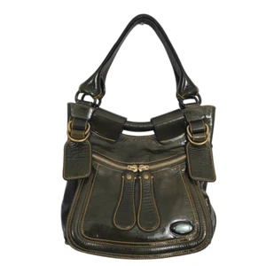Authentic Chloe Dark Green Patent Leather Bay Shoulder Bag Tote Shiny Designer - Imagen 1 de 12