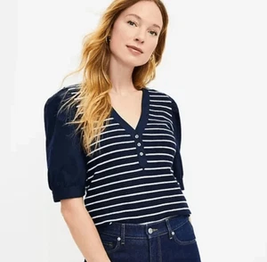 NWT Ann Taylor LOFT Striped Henley Mixed Media Knit Top Women’s M Navy White - Picture 1 of 9