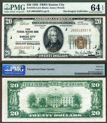 1929 $20 Federal Reserve Bank Note FR-1870-J Kansas City Missouri PMG CU64EPQ - Image 1 of 3