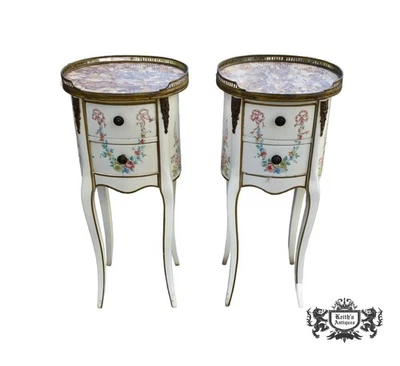 PAR ANTIGO DE MESAS DE MÁRMORE PINTADAS FRANCESAS DUAS GAVETAS COM BRONZE ORMOLU - Imagem 1 de 4