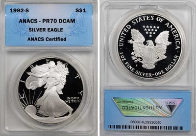 1992-S American Silver Eagle ANACS Proof PR70 Blue Label 70 - Image 1 of 4