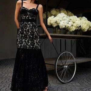 NWT Milly Black Lace Bustier Dress Maxi Floral Nude Lined Formal Cocktail USA 14 - Picture 1 of 12