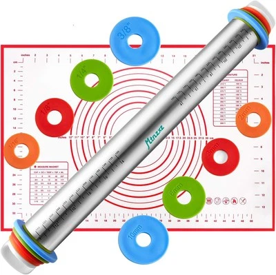 Rolling Pin and Silicone Baking Pastry Mat Set, Stainless Steel Dough Silver  - Image 1 of 4