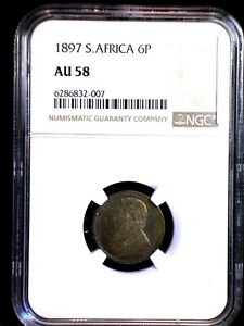South Africa ZAR 1897 6 Pence *NGC AU-58* Scarce Dark Color Tone Boer War Issue 
