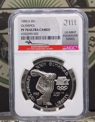 1983 "S" Los Angeles OLYMPIC Silver Dollar $1 NGC PF70 UC *MINT ENGRAVERS* #002A - Image 1 of 4