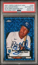 Salvador Perez 2021 Topps Chrome Blue Refractor Signed Card #269 Auto PSA 10