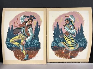 Vtg Pair Silkscreen Serigraph Print MCM 50s Costume Dancers Signed R. Sterling - Picture 1 of 6