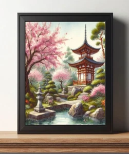 Japanese scenery garden Cherry tree Blossom Vintage wall art painting print - Picture 1 of 4