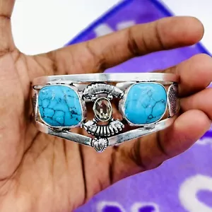 Brazalete brazalete de plata de ley 925 con piedras preciosas de turquesa natural hecho a mano - Imagen 1 de 4