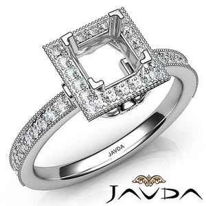 Halo Pave Princess Semi Mount Milgrain Diamond Engagement Ring Platinum 0.5Ctw - Picture 1 of 7