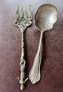 Antique Brass Serving Fork And Spoon Pillori Of Florence Italy & Rogers Mfg - Picture 1 of 21