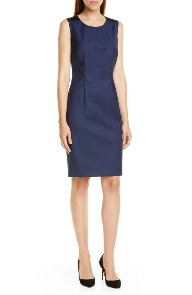 HUGO BOSS Navy Blue Plaid Satin Shoulder Trim DRISTIE Wool Sheath Dress 8 Petite - Image 1 of 4