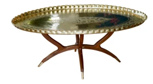 Mid Century Moroccan Engraved Brass Oval Coffee Table on Teak Spider Legs - Picture 1 of 23