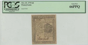 1775 October 25, 6 Pence Pennsylvania Colonial Note FR#PA-183 PCGS GEM 66 PPQ - Picture 1 of 2
