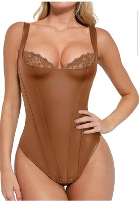 Body Popilush Feminino Marrom Couro Sintético Modelador de Renda Controle de Barriga Tamanho M - Imagem 1 de 4