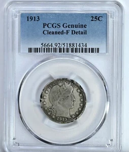 1913 Barber Quarter PCGS FINE Detail Cleaned Graded Silver Genuine Coin 5664 - Picture 1 of 2
