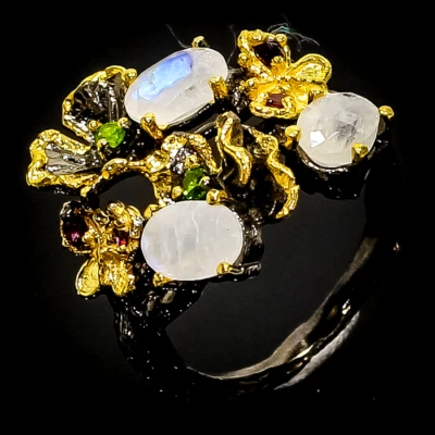 ANILLO ARTESANAL PIEDRA LUNAR/ZAFIRO/DIOPSIDO 2 TONOS PLATA DE LEY 925 14K YGP TALLA 8 Foto 1 de 3