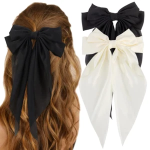 Silky Satin Hair Bows 2Pcs Big Hair Bows for Women Hair Ribbons Oversized Long T - Picture 1 of 12
