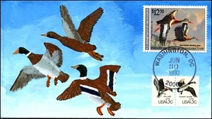 Scott RW57 $12,50 Whistling Duck - DeRussett anatra dipinta a mano FDC - 43/99 - Foto 1 di 2