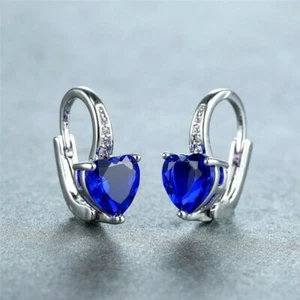 Pretty New Silver Plated Sapphire Blue Heart CZ Leverback Hoop Dangle Earrings - Picture 1 of 3